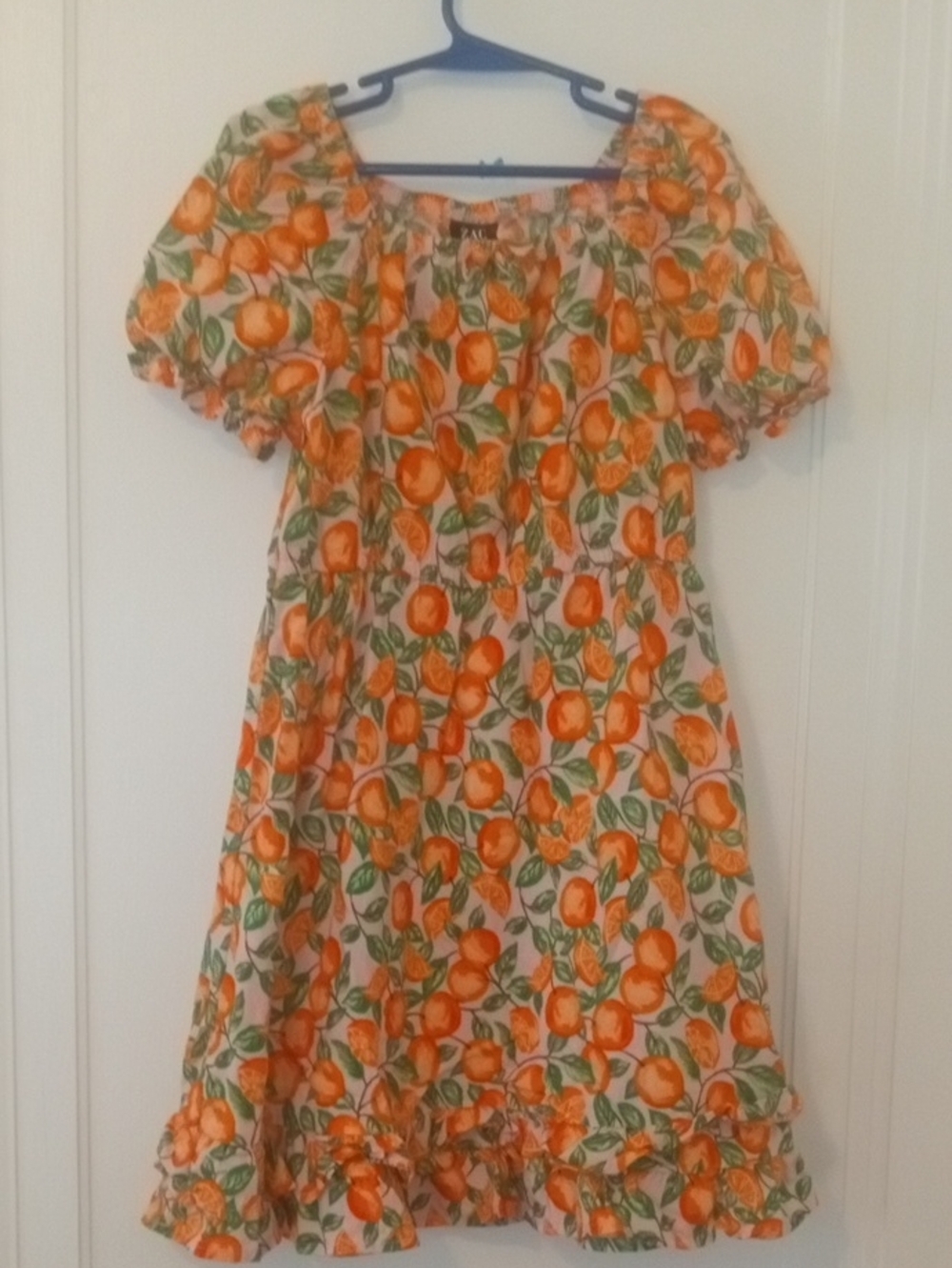 Girls Orange Print Puff Sleeve Dress med 7/8